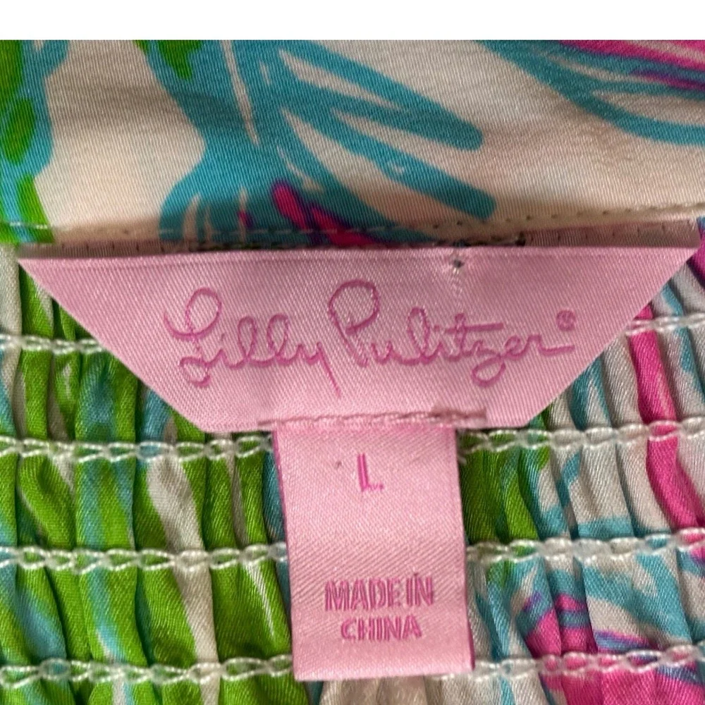 Lilly Pulitzer Silk Blouse Womens Large Tulip Time Floral Pink Green Button Top - Picture 9 of 12
